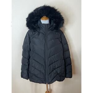 Lands' End Max 600 Down Puffer Jacket in black removable faux-fur hood 2X PETITE